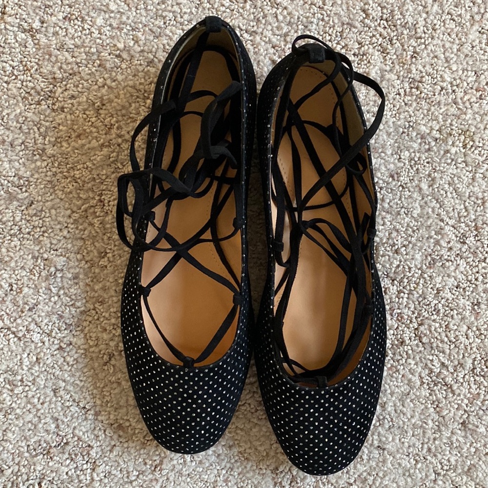 Never worn J. Crew glitter velvet lace-up flats. Size 9.